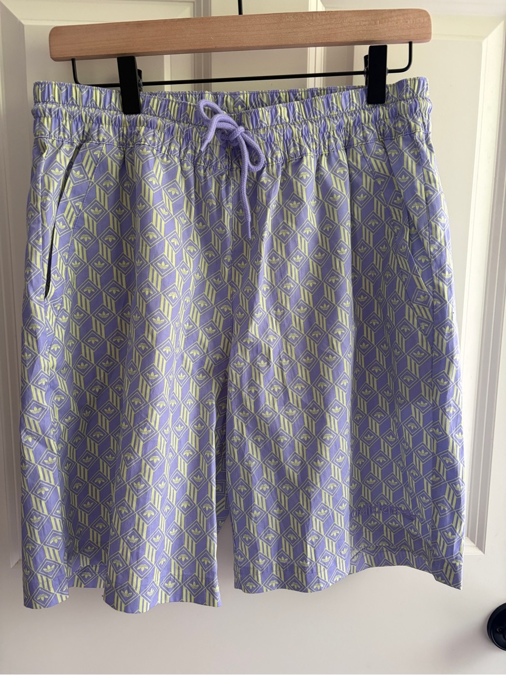 adidas Lavender & Light Lime Geo Icon Print drawstring athletic shorts size M - Picture 2 of 13